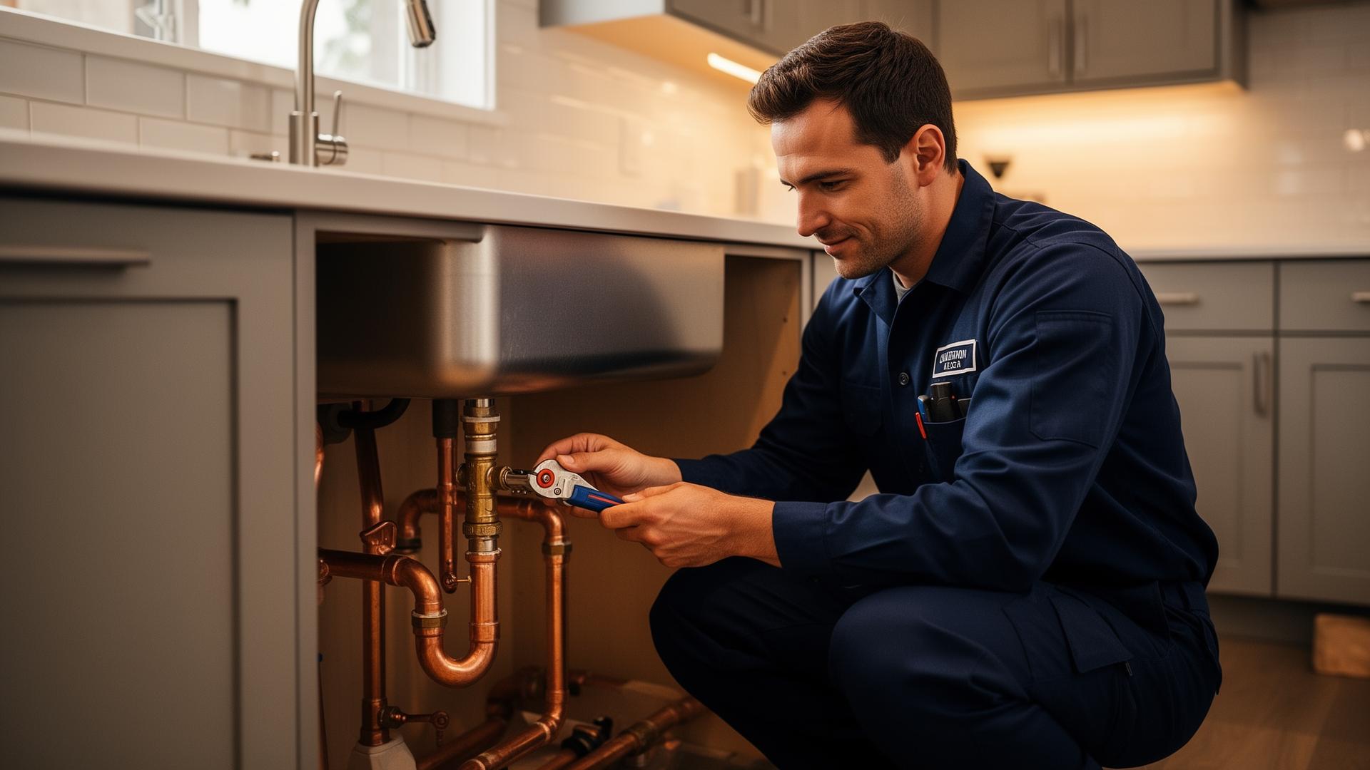 The King's Helper plumber repairing copper pipes under a kitchen sink